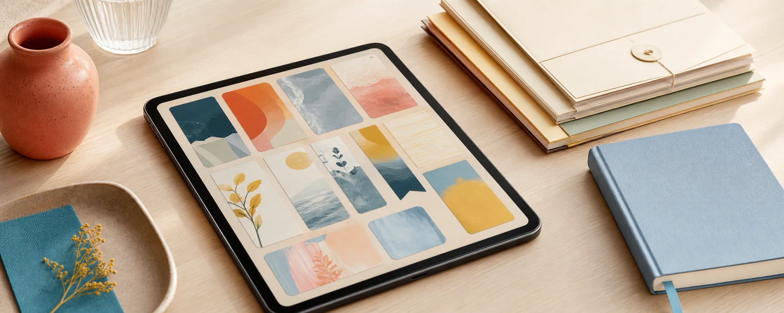 Tablet, journals and folders representing a private collection of saved wellbeing resources