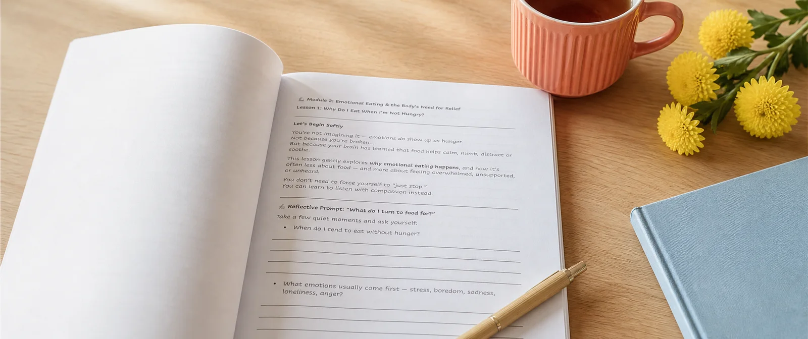Open Happy Mind Society workbook with reflection prompts