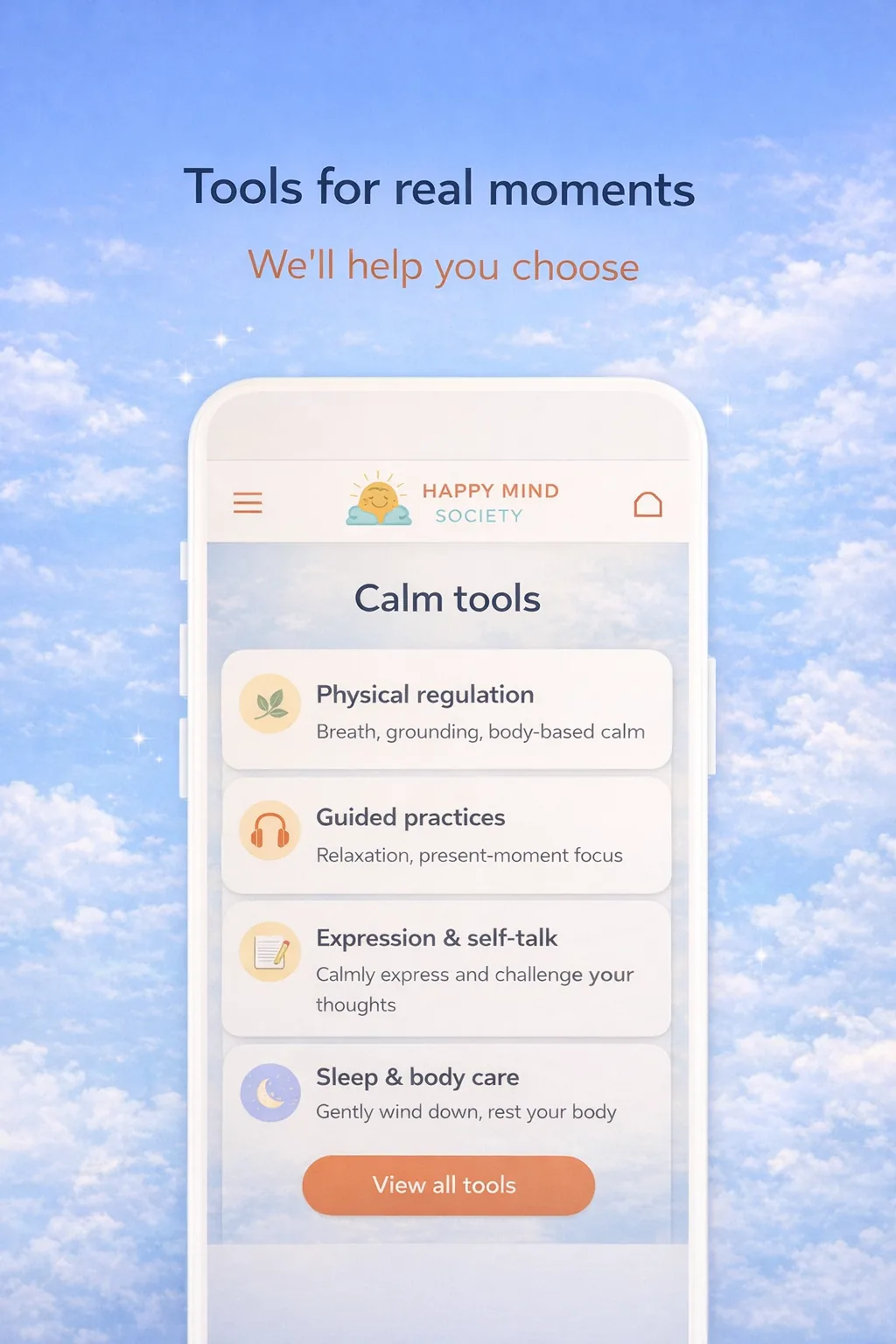 Happy Mind Society wellbeing app displayed on a phone